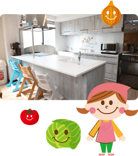 キッチンと子供と野菜のキャラクター