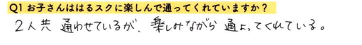 【はるスクールアンケート回答】2人共通わせているが、楽しみながら通ってくれている。