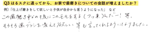 【はるスクールアンケート回答】この歯磨き粉の後にこのモモ（フッ素）をするんだー！等。そろそろ歯ブラシを変えて欲しい等も言ってくれるようになりました。