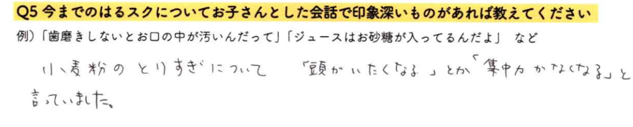 【はるスクールアンケート回答】小麦粉のとりすぎについて「頭がいたくなる」とか「集中力がなくなる」と言っていました。